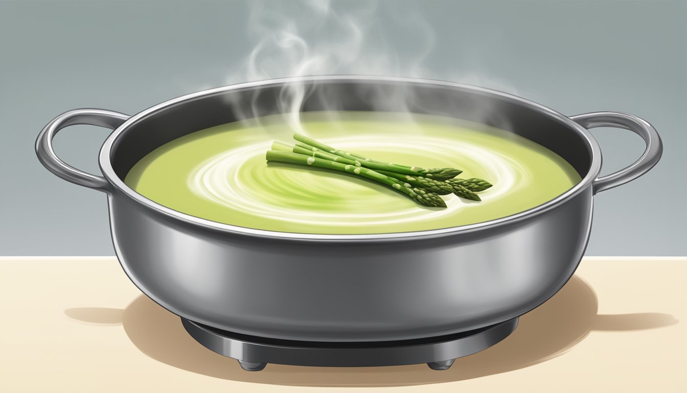 A steaming bowl of cream of asparagus soup being gently reheated on a stovetop, with wisps of steam rising from the surface