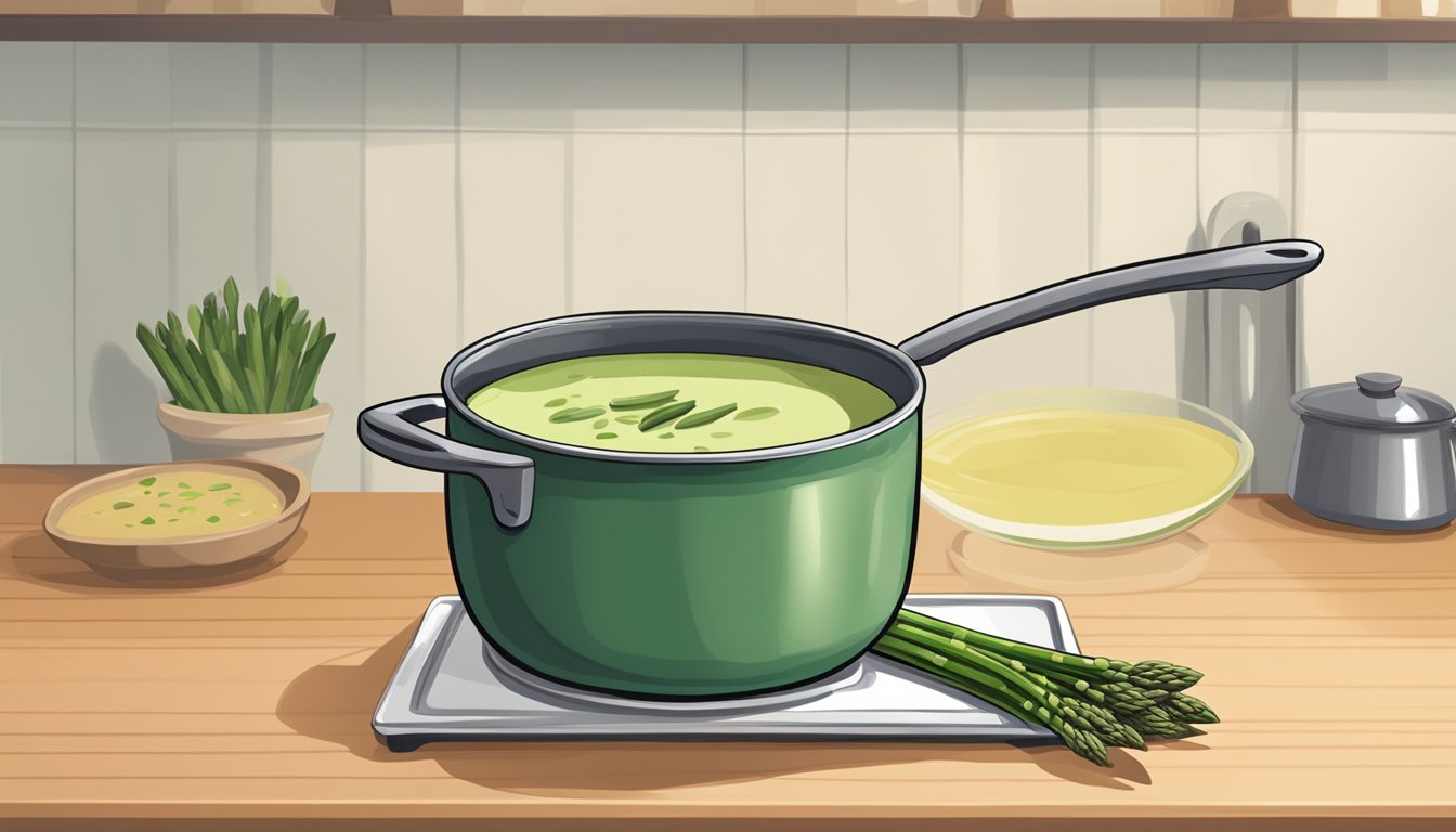 A pot of cream of asparagus soup sits on a stove, with a ladle resting on the side. A small bowl and spoon are nearby, ready for serving