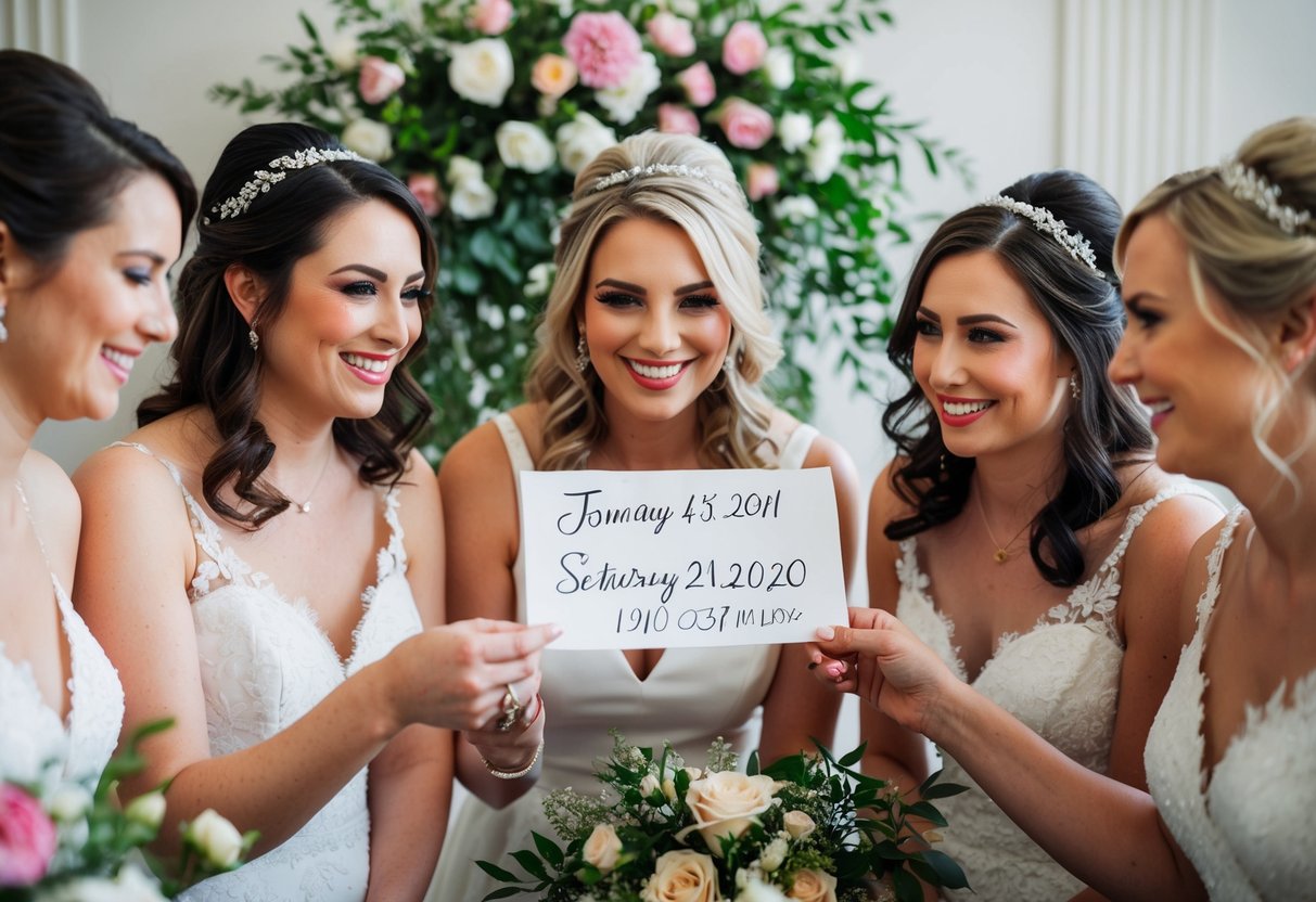Bridesmaids receiving a handwritten note with a date and time, surrounded by floral decorations and wedding details