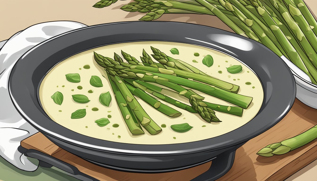 A steaming bowl of cream of asparagus soup being reheated on a stovetop, surrounded by fresh asparagus spears and a sprinkle of black pepper