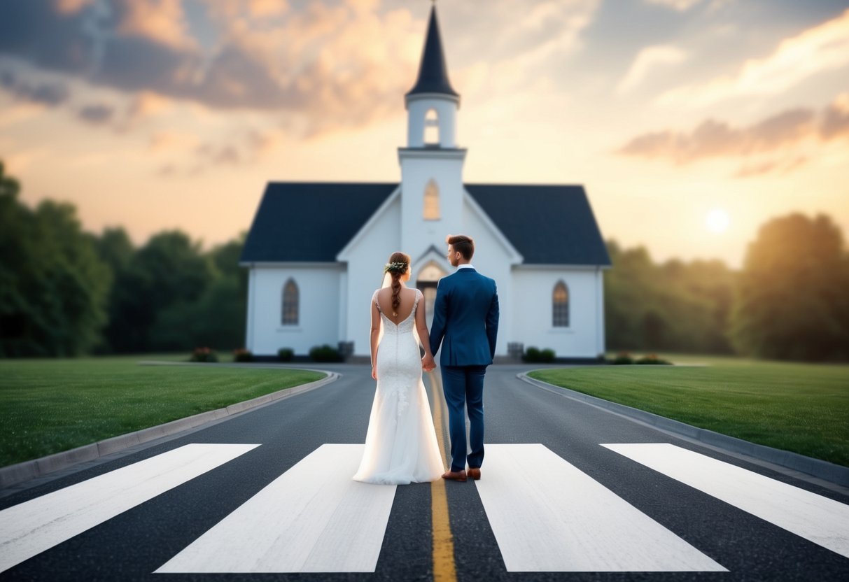 A young couple standing at a crossroads, one path leading to a wedding chapel and the other to a world of possibilities