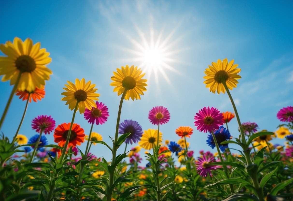 A group of colorful, blooming flowers set against a backdrop of a clear blue sky and a bright, shining sun