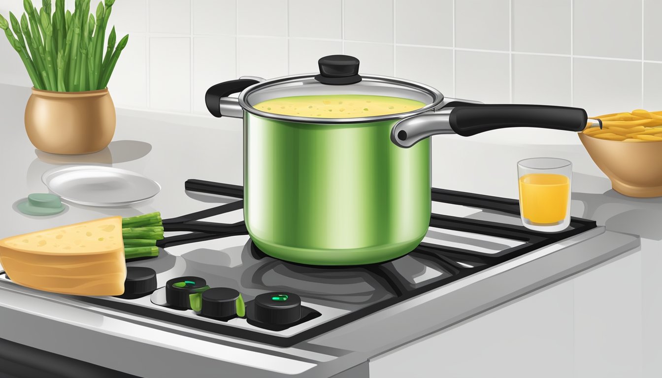 A pot of cream of asparagus soup being reheated on a stovetop, with a thermometer checking the temperature for food safety