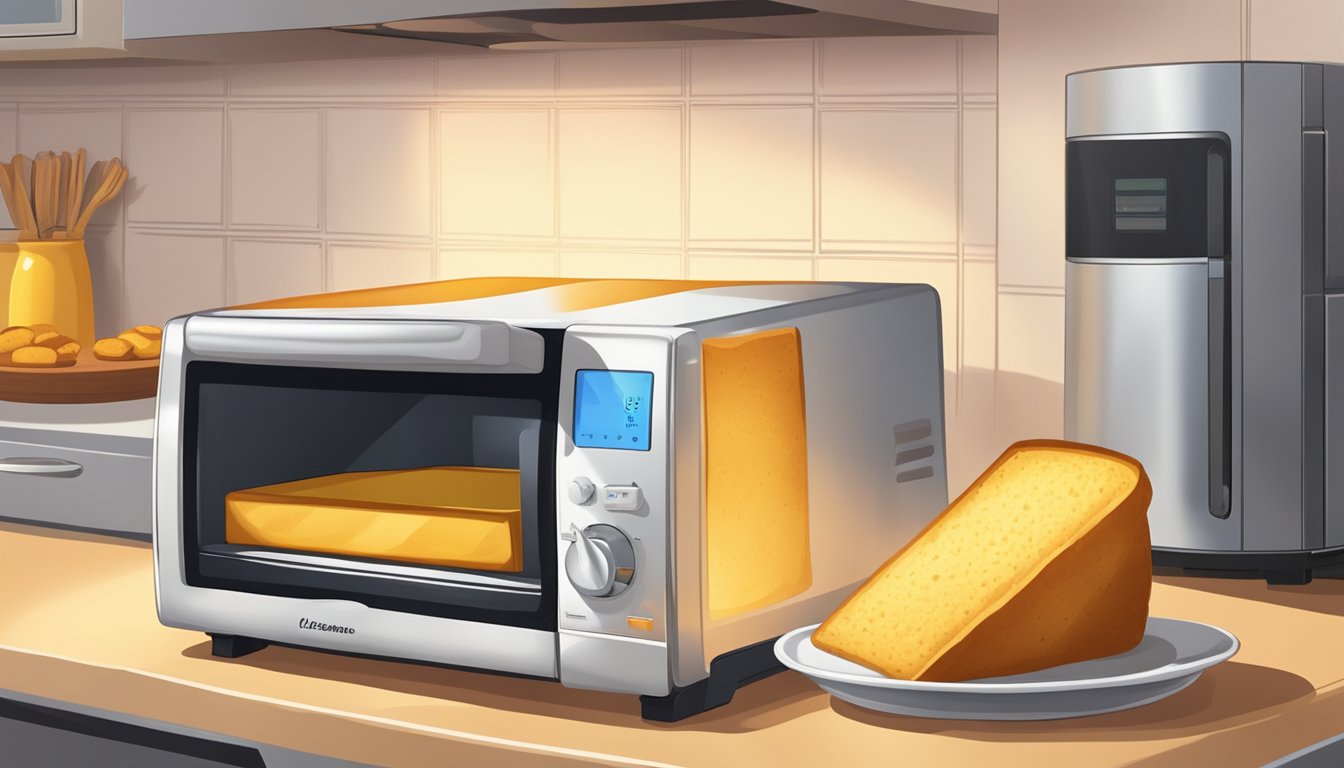 A slice of cornbread sits on a plate next to a toaster oven and a microwave. Rays of warmth emanate from the appliances