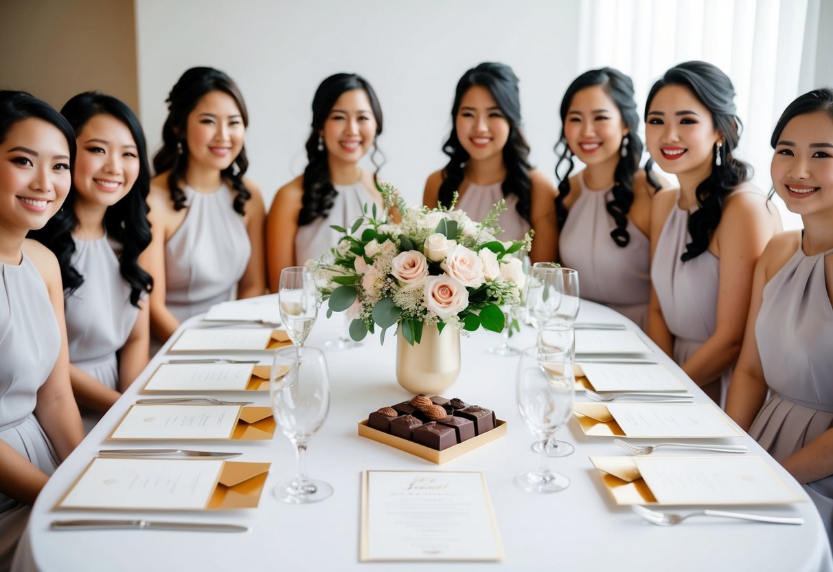 A table set with elegant stationery, a delicate bouquet, and a box of chocolates, surrounded by happy bridesmaid candidates