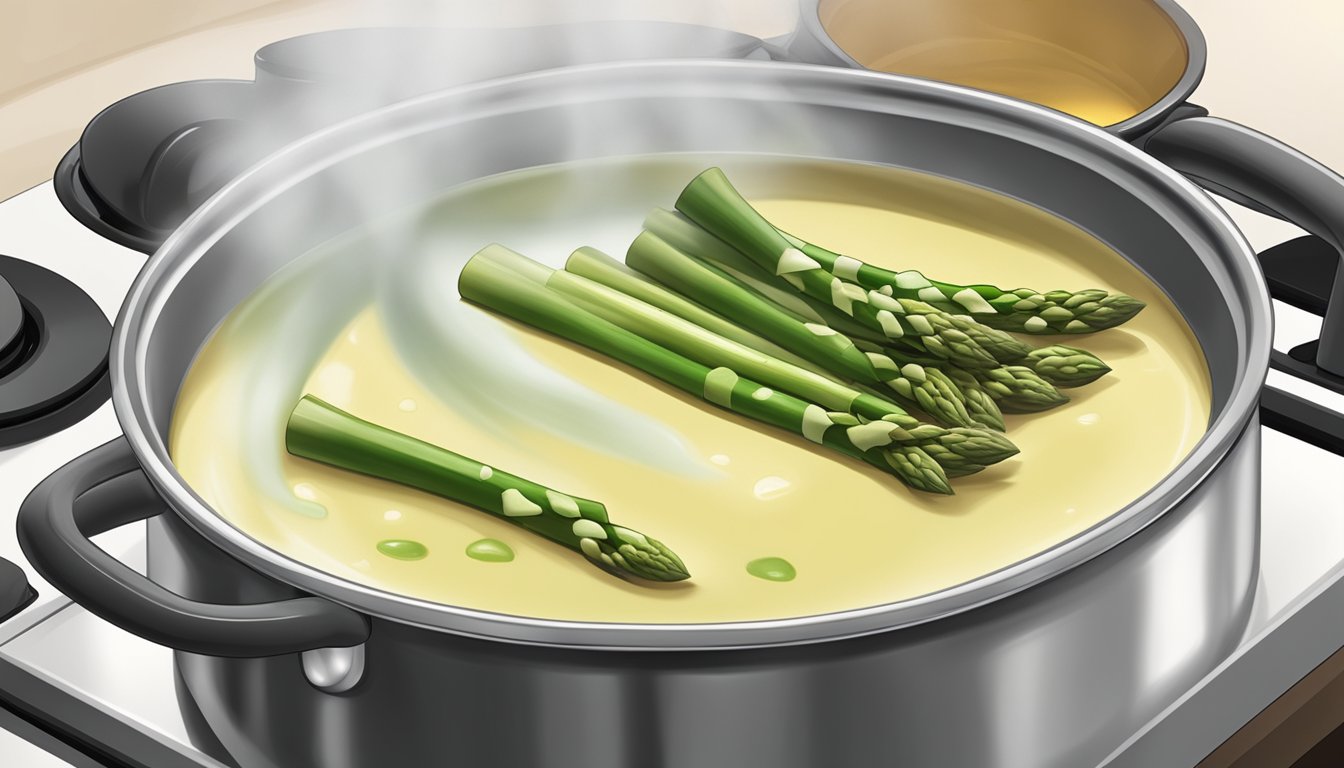 A pot of cream of asparagus soup being gently reheated on a stovetop, with steam rising from the surface