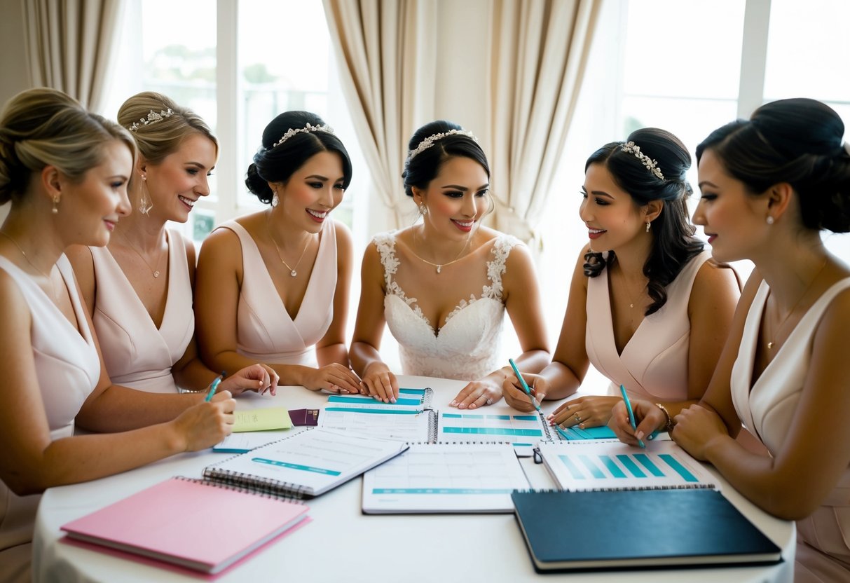 A group of bridesmaids gather around a table, discussing plans and timelines for the wedding, with calendars and notebooks spread out in front of them