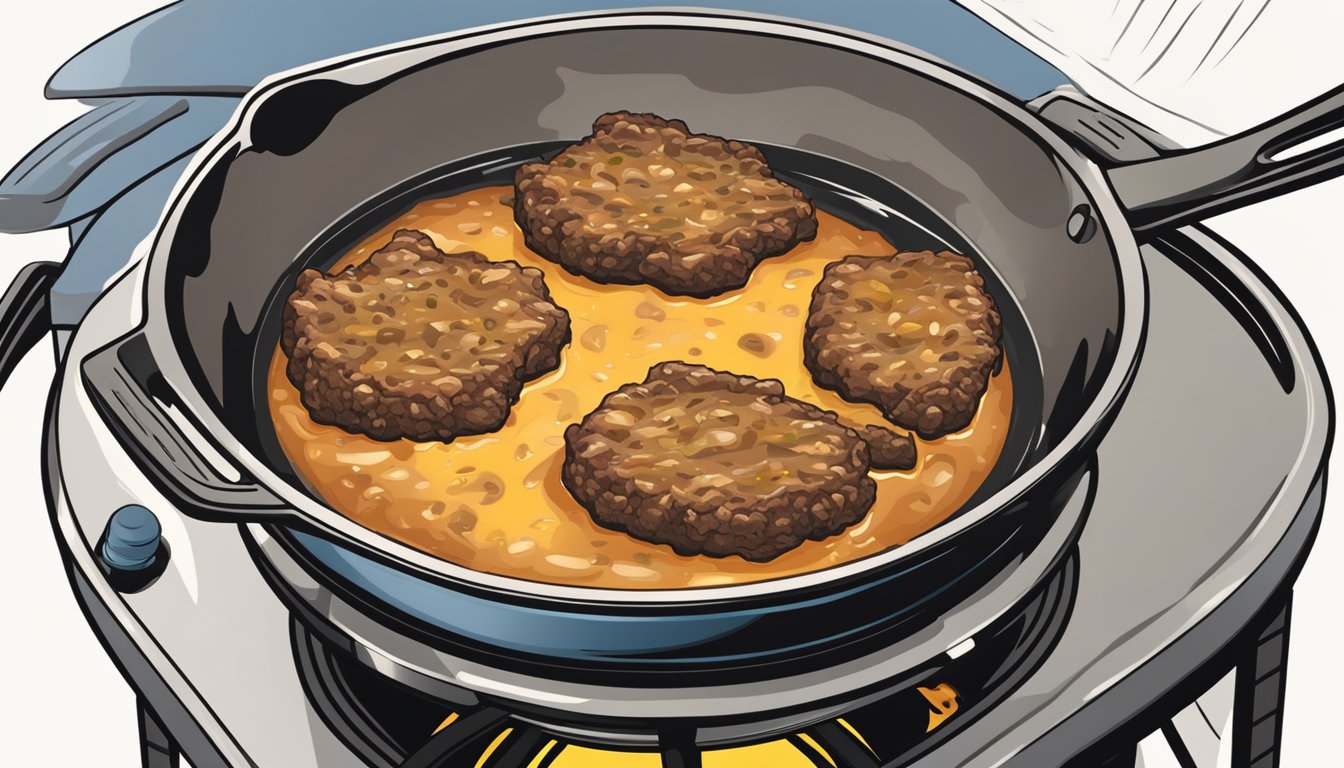 A skillet with sizzling country fried steak being reheated on a stovetop