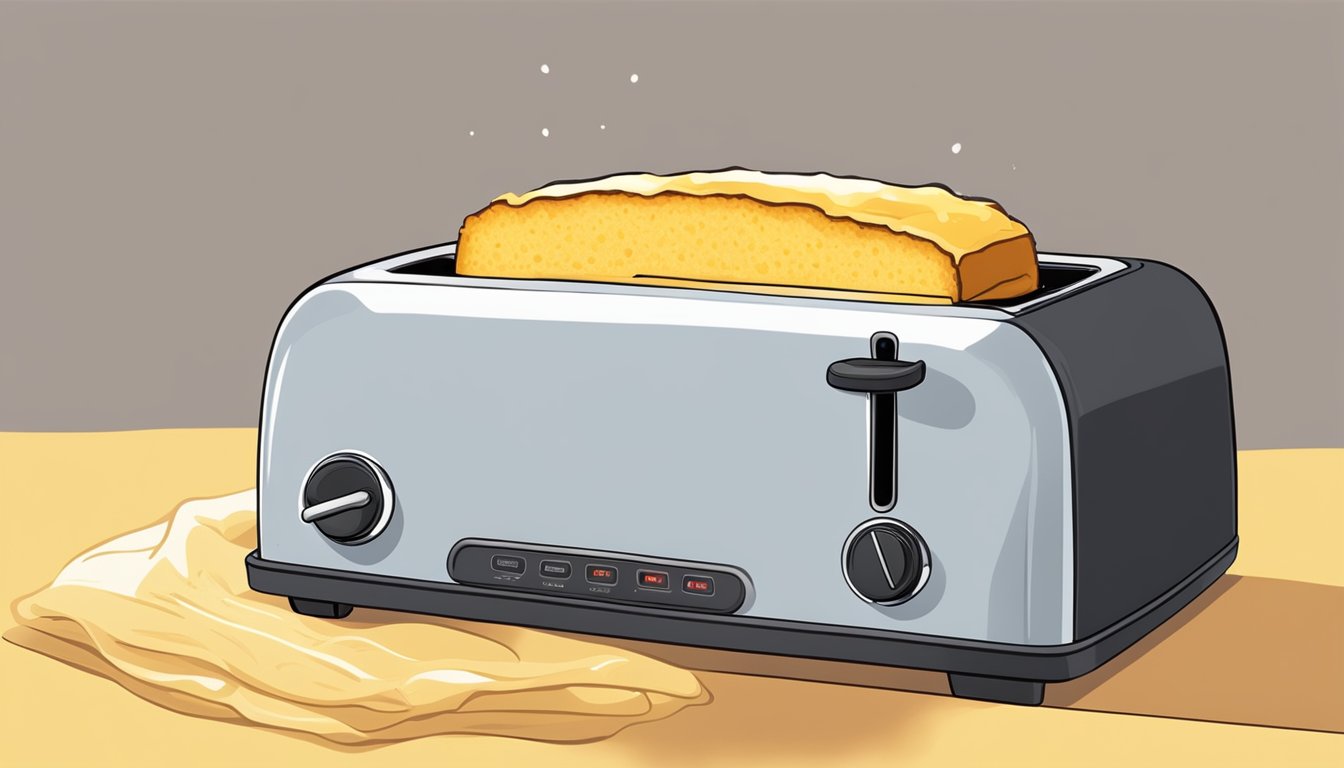 A slice of cornbread is being reheated in a toaster oven, with steam rising from the golden, crispy edges. A pat of butter is melting on top