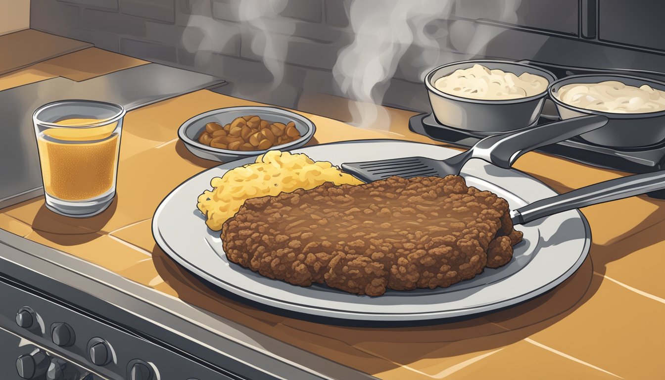 A plate with country fried steak being reheated in a skillet on a stovetop