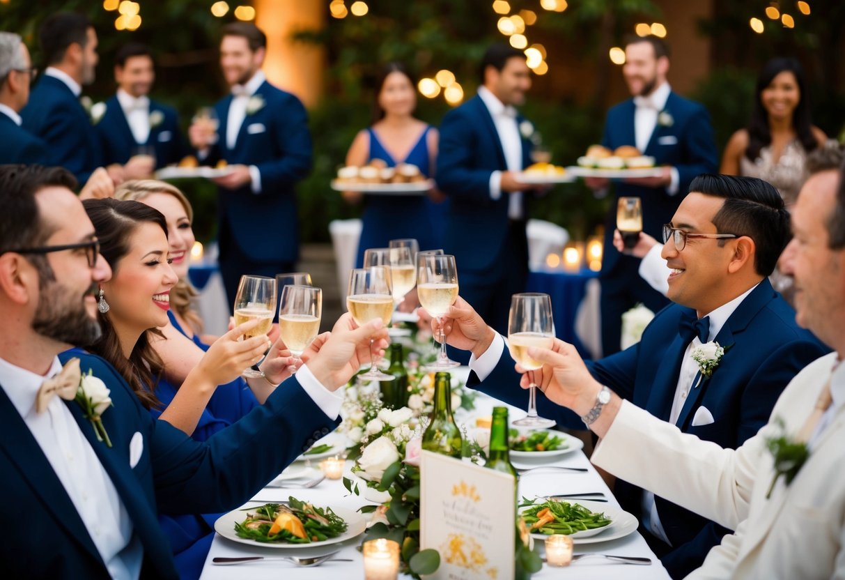 Guests mingle, clinking glasses and chatting. Tables are adorned with centerpieces and place settings. A band plays in the background as servers circulate with trays of food and drinks