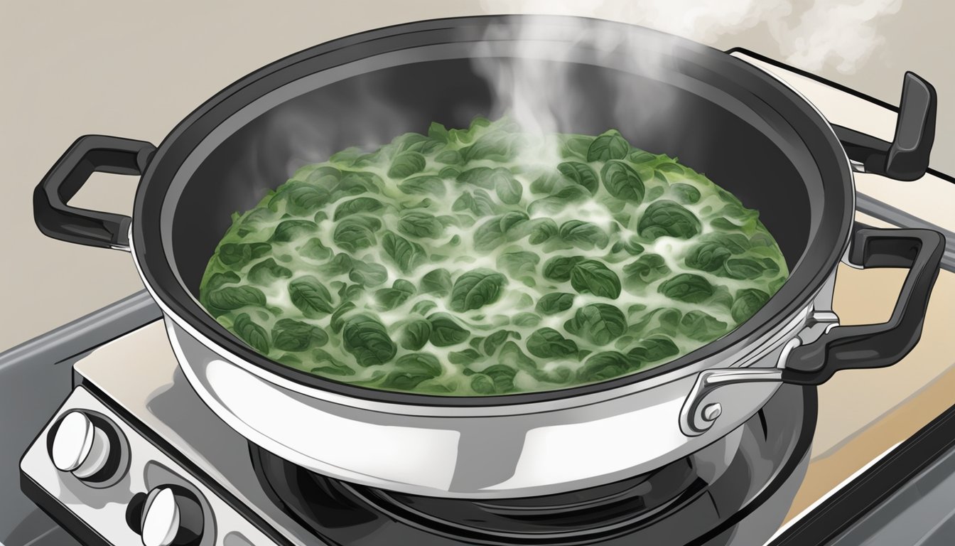 A pot of creamed spinach sits on a stovetop, steam rising from the creamy mixture as it heats up for reheating