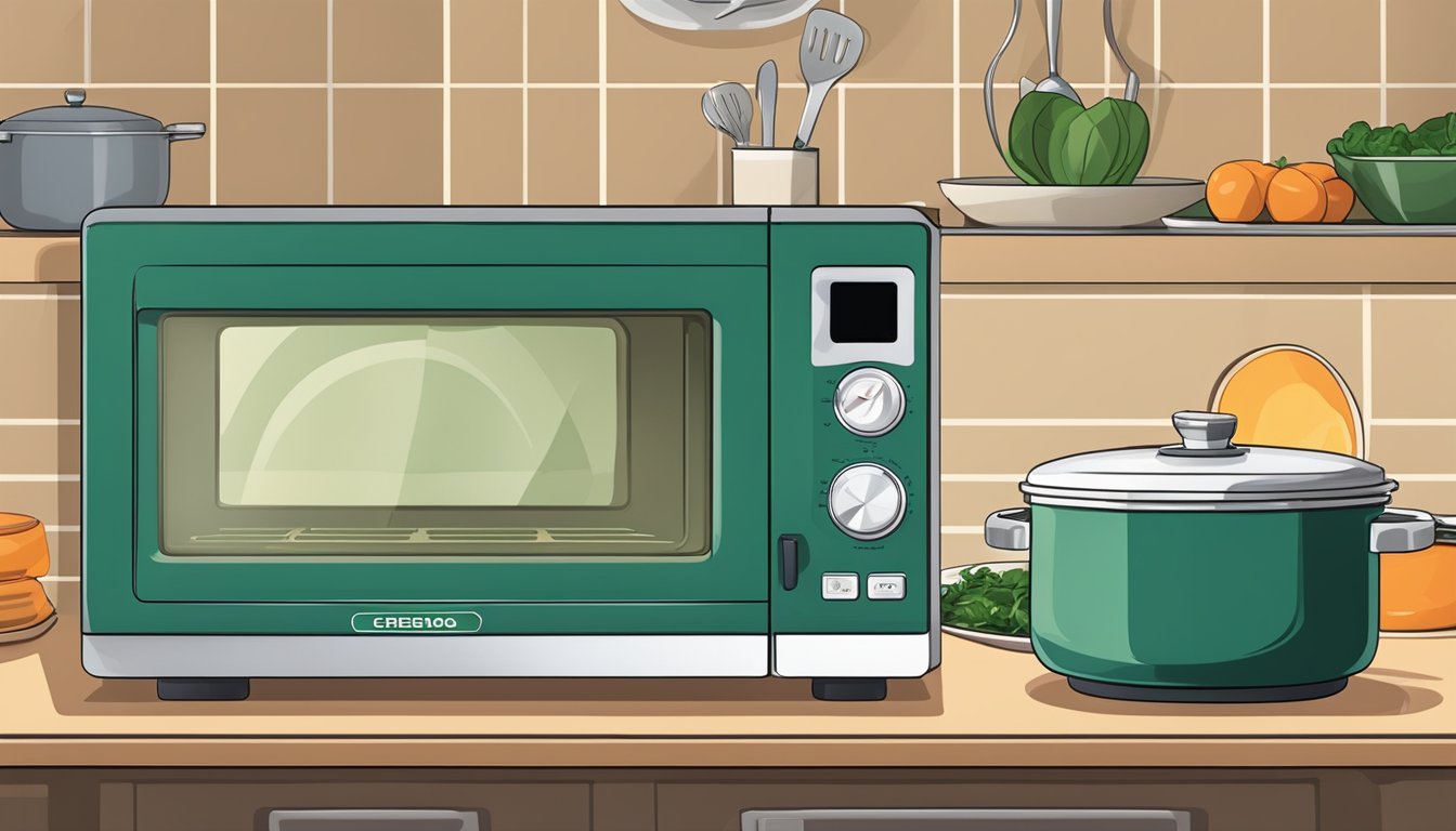 A microwave, oven, and stovetop arranged with a dish of creamed spinach in the center, surrounded by utensils and temperature settings