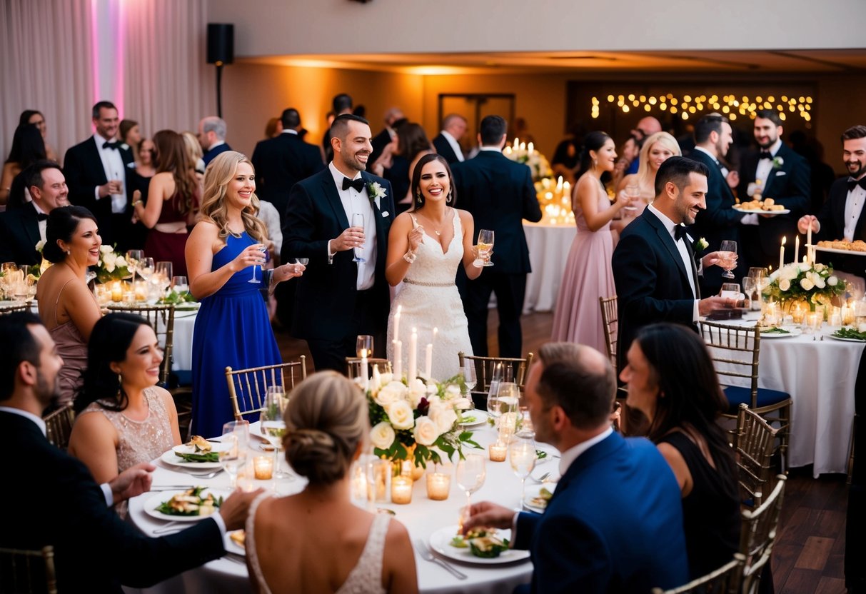 Guests mingling, clinking glasses, and enjoying the dance floor. Tables adorned with centerpieces and glowing candles. A bustling bar and servers circulating with trays of appetizers