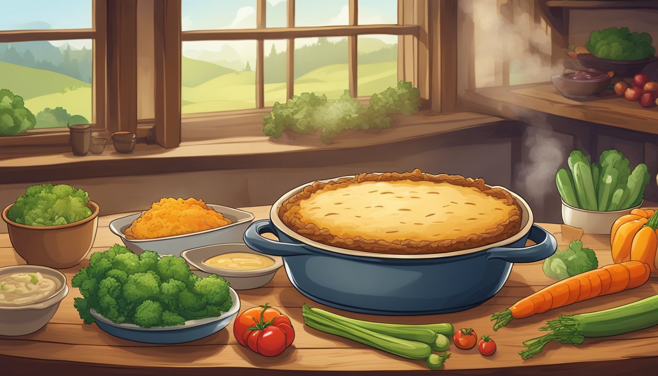 A steaming cottage pie sits in a covered dish on a wooden table, surrounded by colorful vegetables and a small dish of gravy