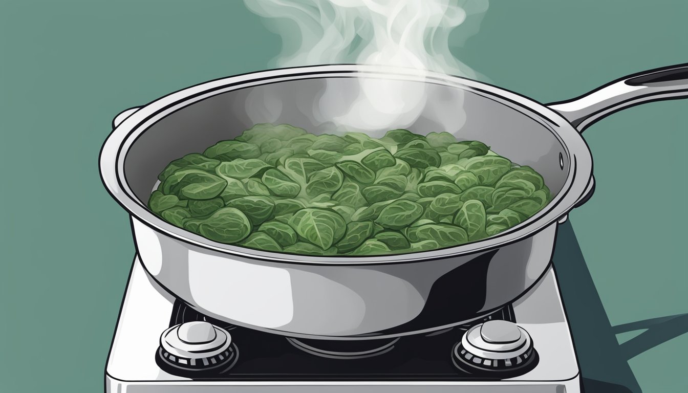 A pot of creamed spinach sits on a stovetop, steam rising as it is being reheated