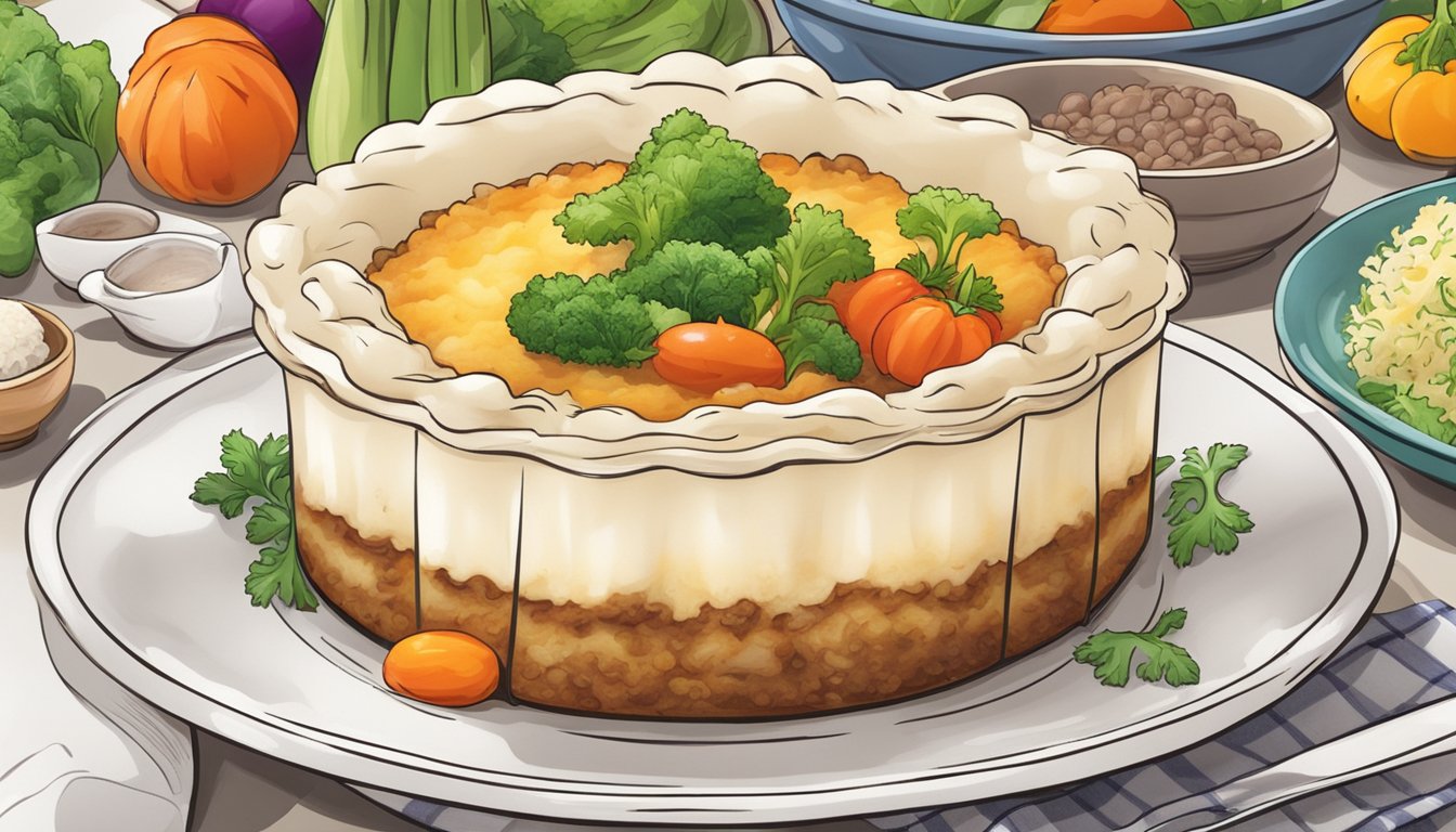 A steaming cottage pie is being carefully transferred onto a white ceramic plate, surrounded by a colorful array of fresh vegetables