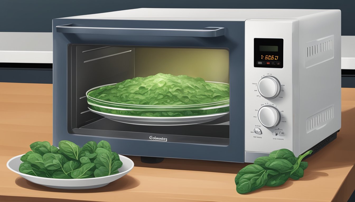 A bowl of creamed spinach sits inside a microwave, with the door closed and the timer set. The microwave is illuminated and the food inside is steaming