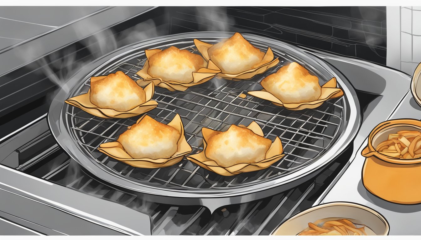 A plate of crab rangoon being reheated in the oven, steam rising as they sizzle, ready to be enjoyed