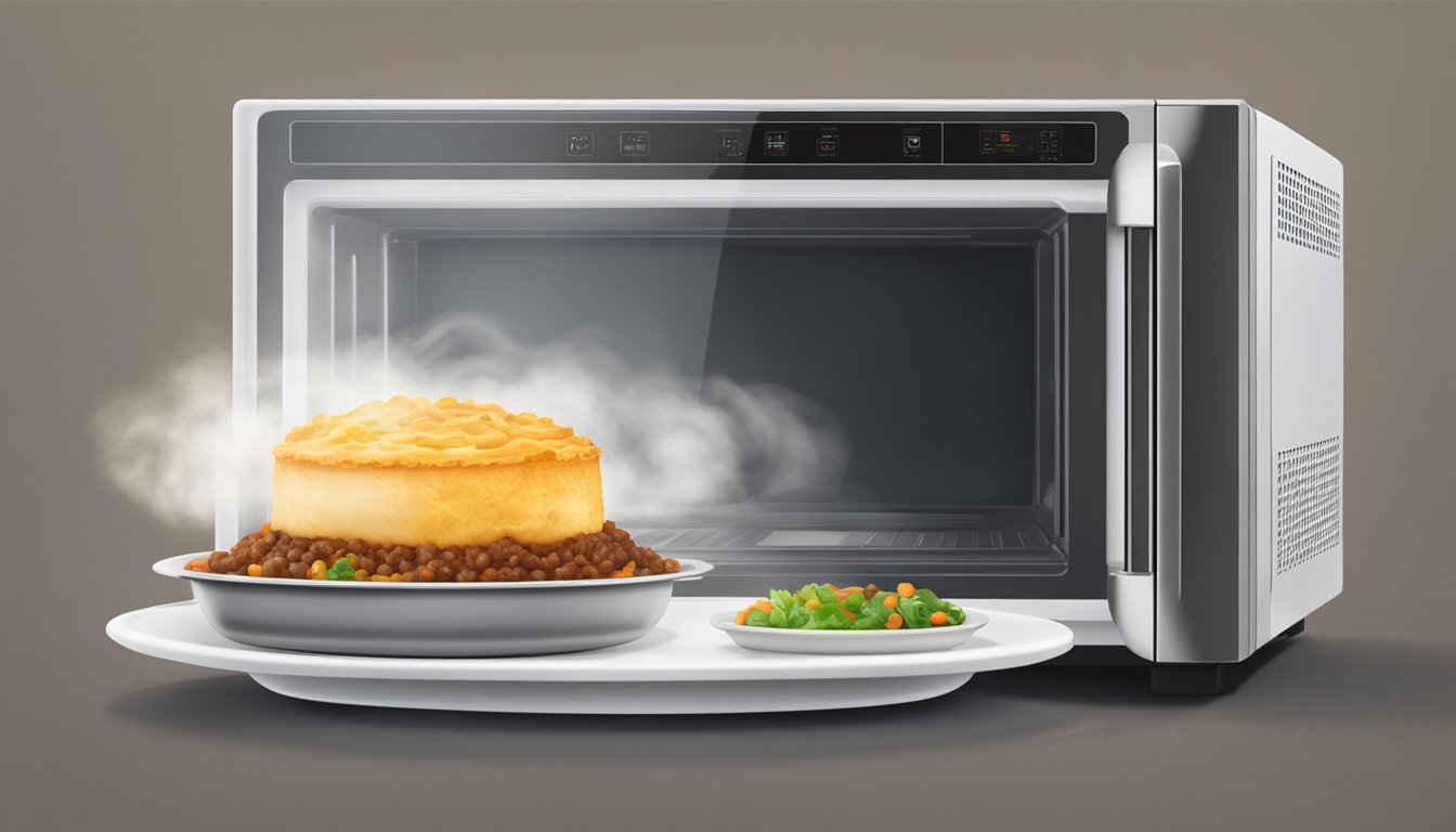 A microwave with a plate of cottage pie rotating inside, steam rising from the hot food