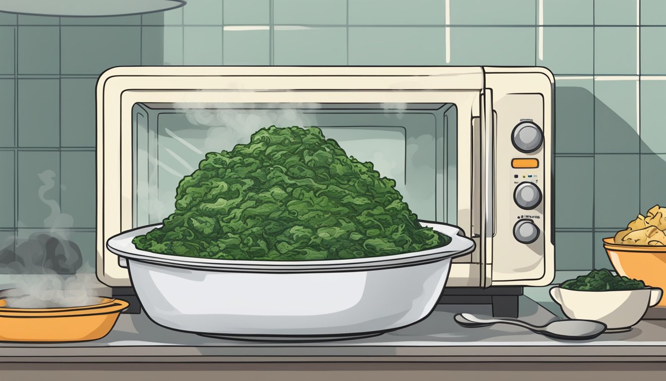 A bowl of leftover creamed spinach being reheated in a microwave