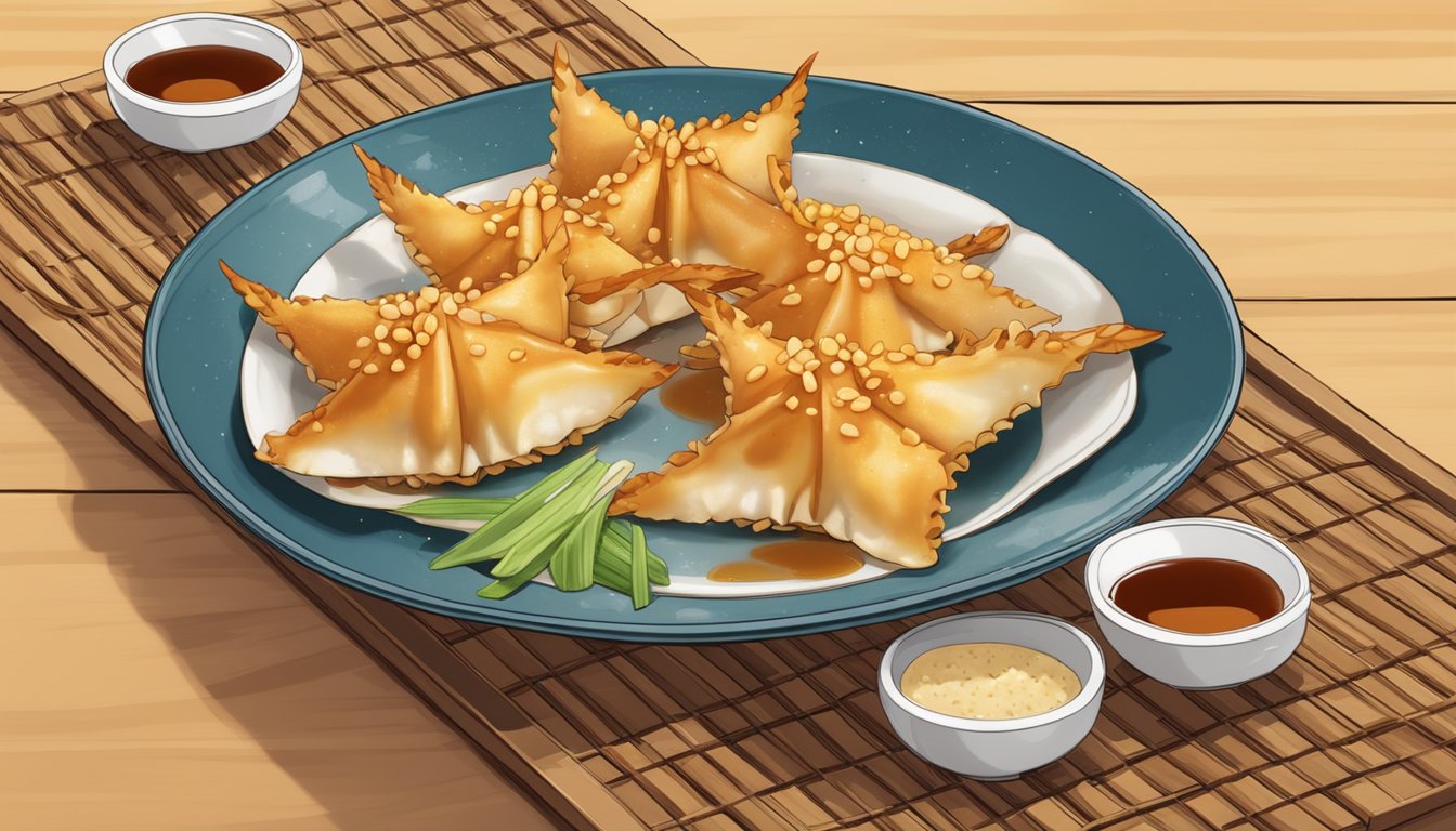 A plate of reheated crab rangoon sits steaming on a bamboo mat, surrounded by a scattering of sesame seeds and a drizzle of sweet and sour sauce