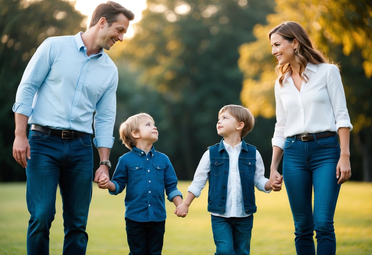 A man and woman stand side by side, smiling, with two children in between them. The children hold hands and look up at their parents