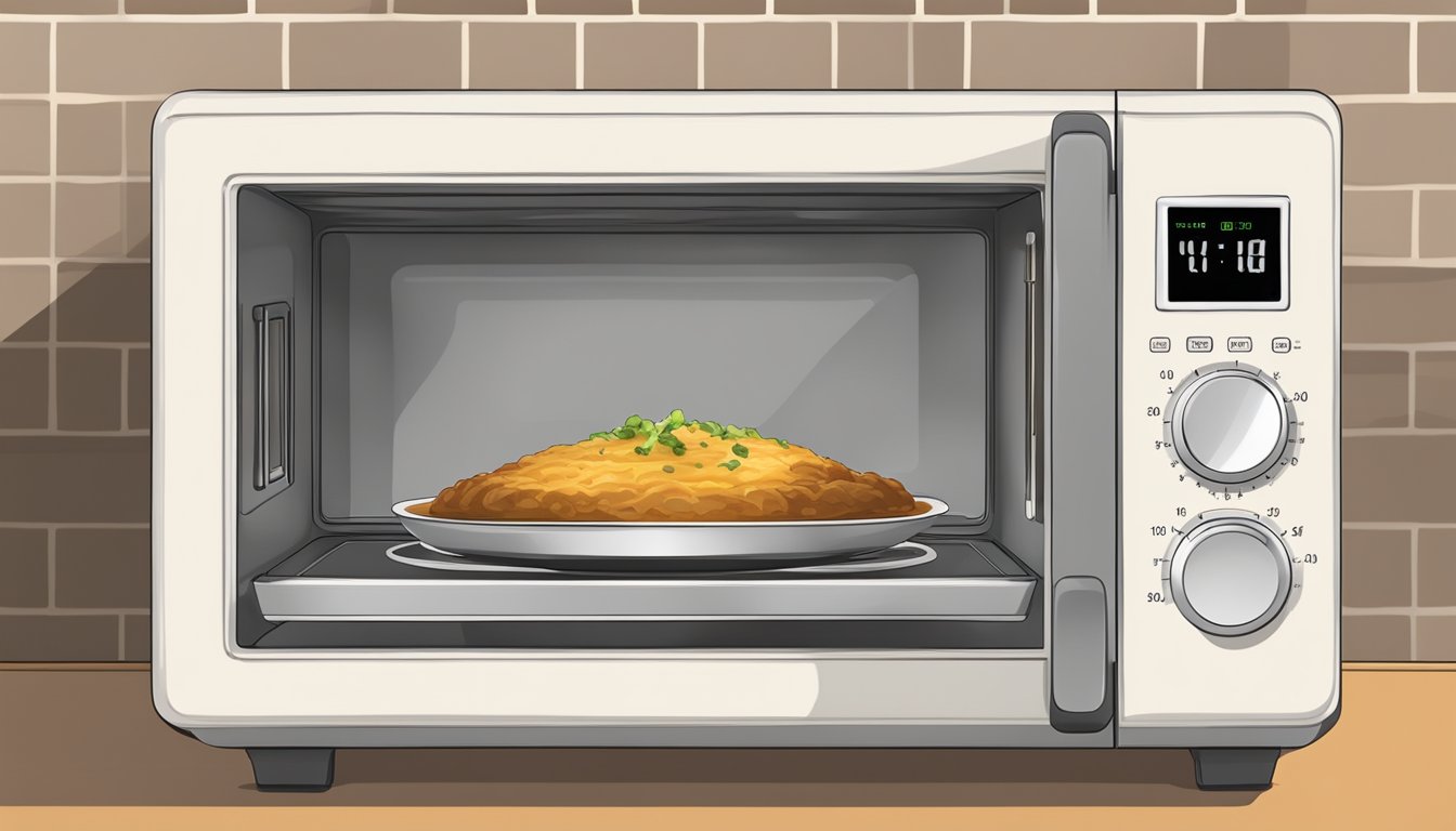 A microwave with a steaming plate of cottage pie inside, timer counting down