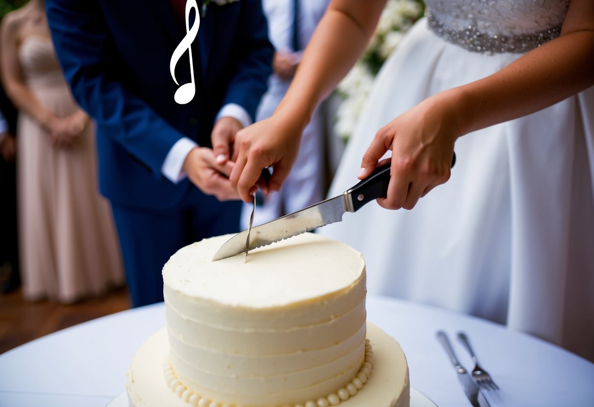 A cake being cut at a wedding with a musical note floating above it