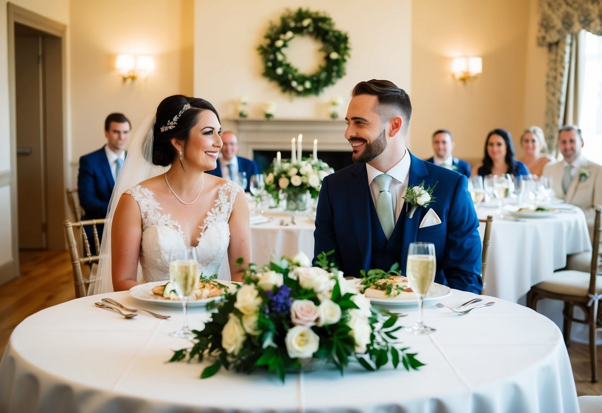 The bride and groom sit at a beautifully decorated table, enjoying their first meal together as a married couple