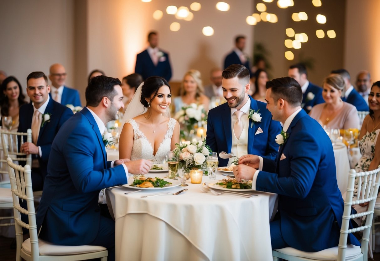 The bride and groom are seated at a decorated table, surrounded by guests. They are served their meals before anyone else at the reception