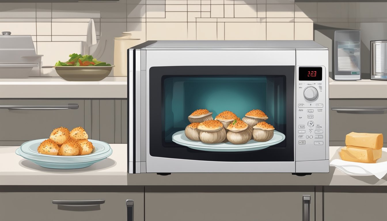 A plate of crab stuffed mushrooms sits in a microwave next to a damp paper towel. The microwave door is open, and the timer is set for 30 seconds