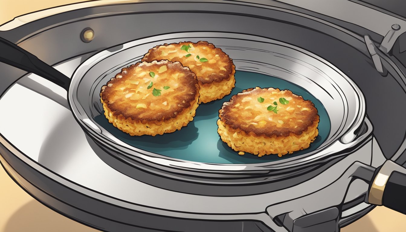 A plate of crab cakes being gently reheated in a skillet over a low flame, with a golden crust forming on the outside