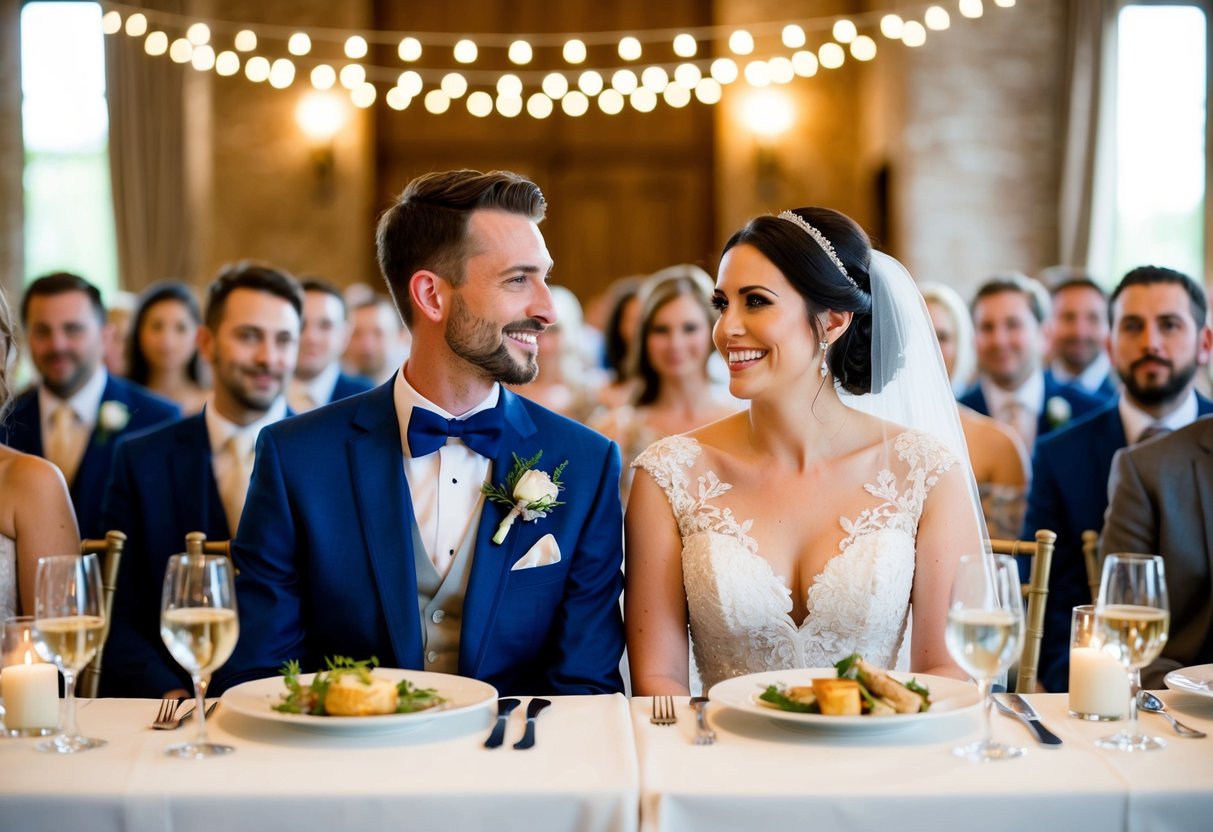 The bride and groom seated at the head of the table, begin to eat as guests wait for their signal to start