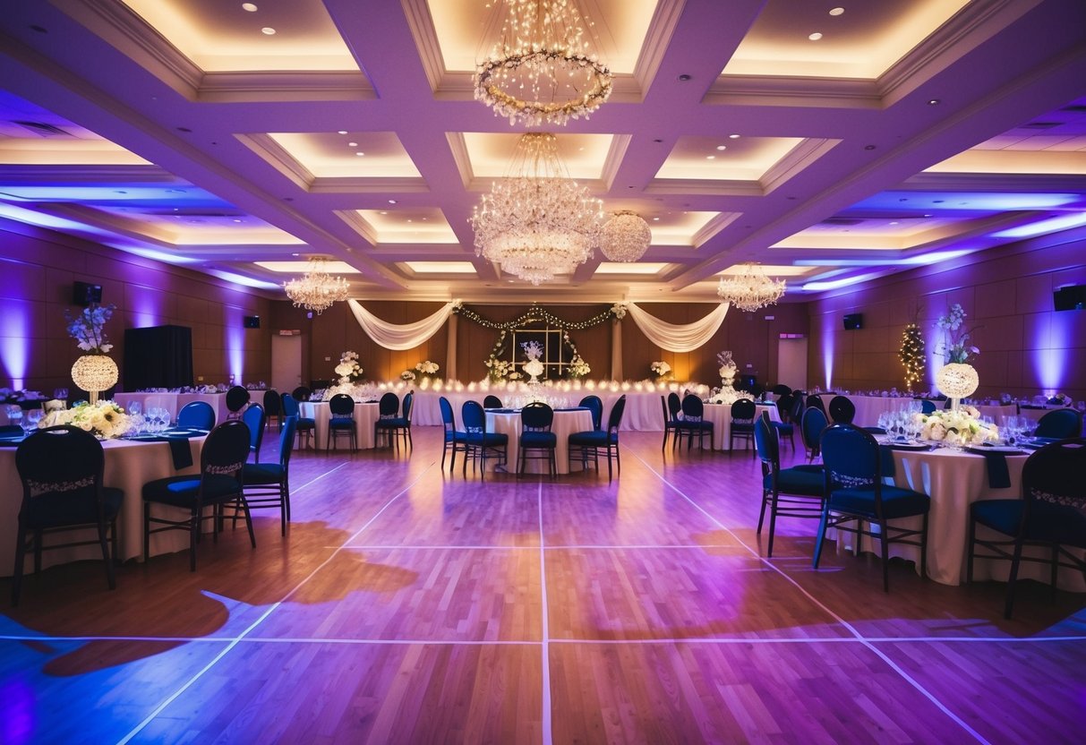 A decorated reception hall with tables, chairs, and a dance floor. Festive lighting and music create a lively atmosphere