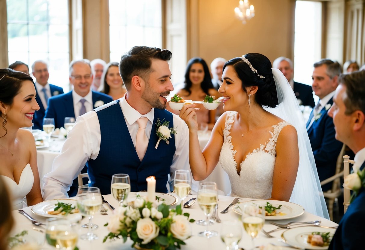 The bride and groom sit at a beautifully set table, surrounded by friends and family. They share a tender moment as they take their first bites of the wedding meal