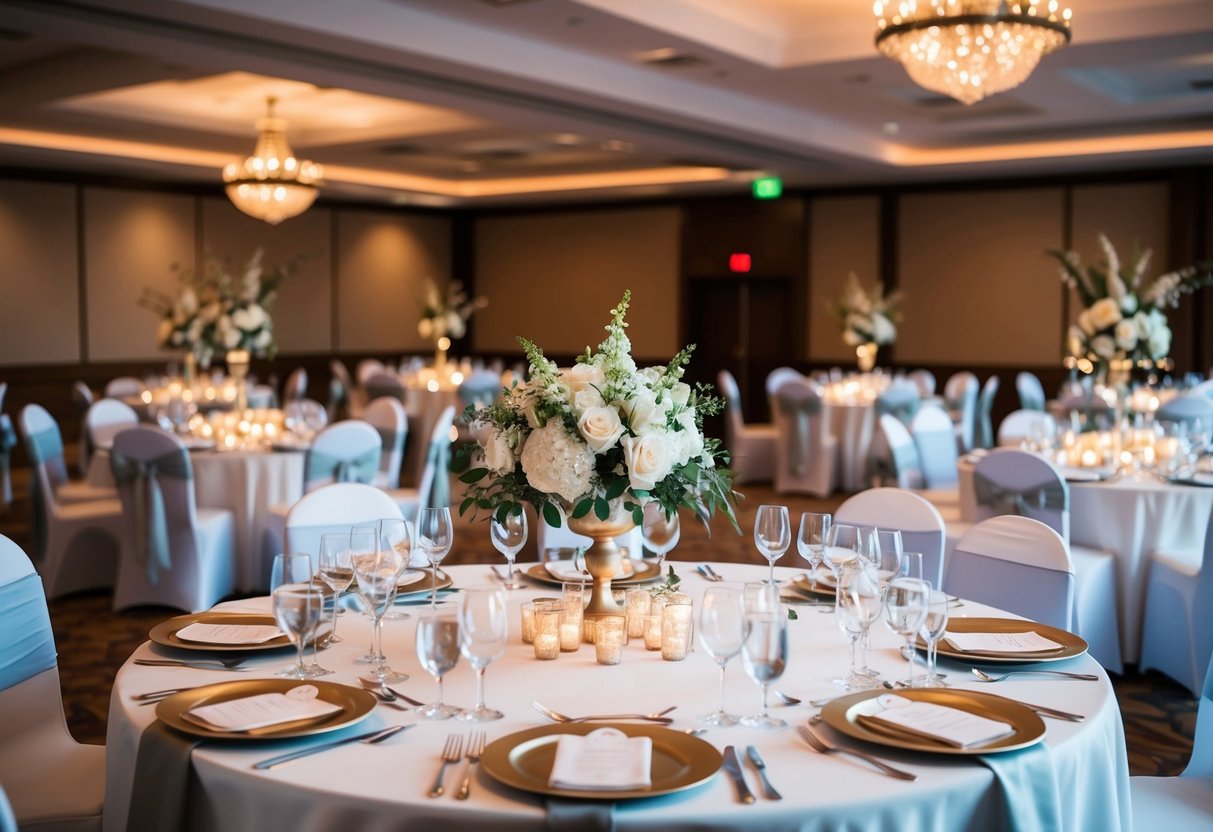 A beautiful reception venue with elegant decor and tables set for a wedding celebration