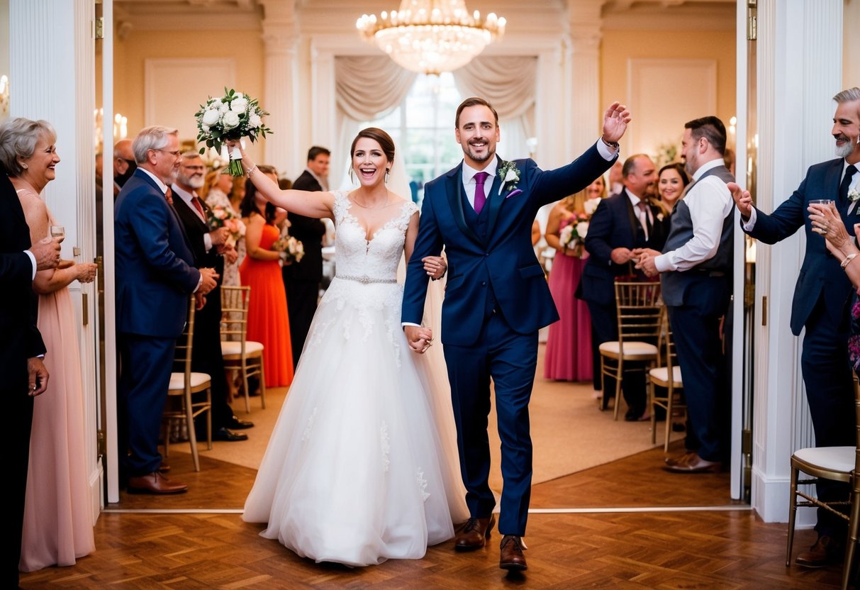 A bride and groom standing at the entrance of a grand reception hall, welcoming guests with open arms. The room is filled with elegant decorations and a lively atmosphere