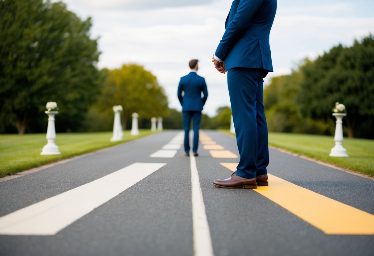 A person standing at a crossroads, with one path leading to a wedding ceremony and the other leading to a reception venue. They appear to be contemplating their decision