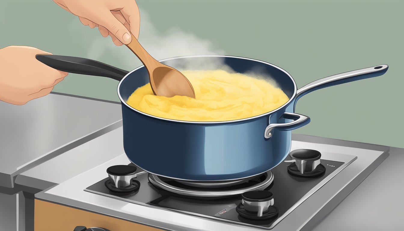 A pot of creamy polenta being gently reheated on a stovetop, with steam rising and a wooden spoon stirring the thick mixture