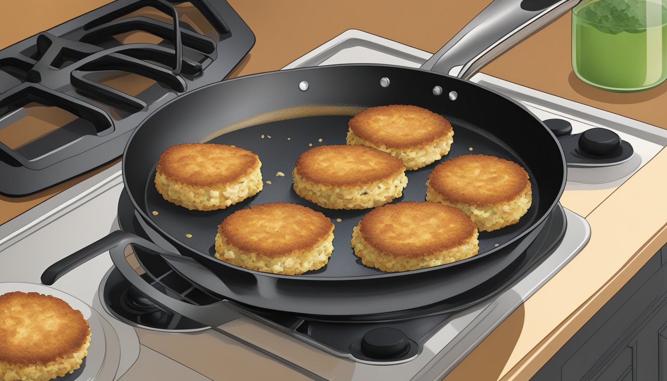 A stovetop with a non-stick skillet, spatula, and golden-brown crab cakes being reheated over medium heat