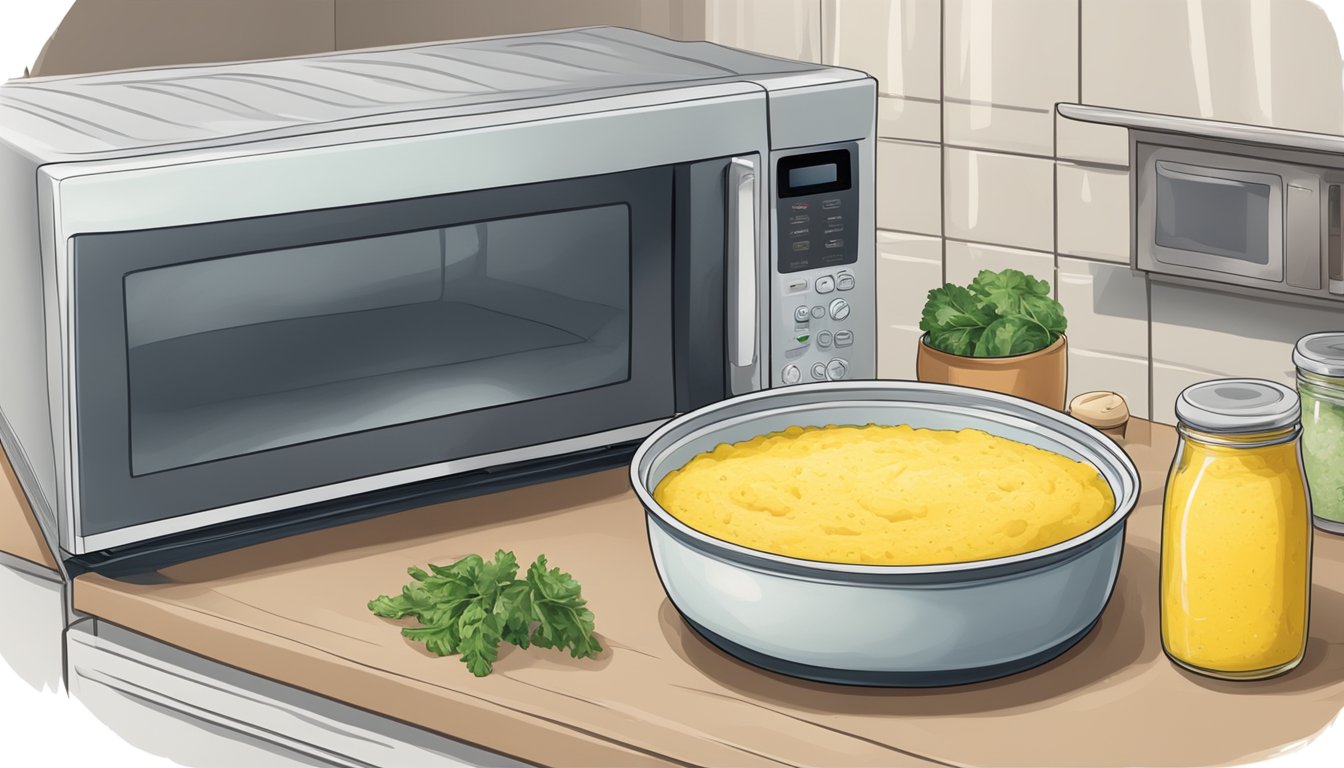 A pot of creamy polenta being stored in the refrigerator, with a microwave next to it for reheating