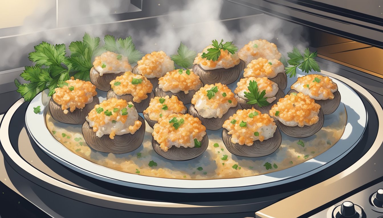 A plate of crab stuffed mushrooms being reheated in the oven, with steam rising and a sprinkle of fresh herbs for garnish