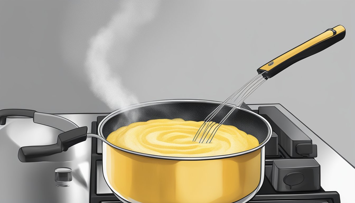 A pot of creamy polenta being stirred over a stovetop, steam rising from the surface as it is being reheated