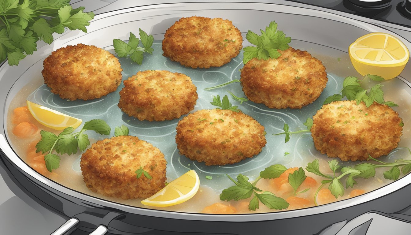 A plate of crab cakes being reheated in the oven, with steam rising and a sprinkle of fresh herbs for garnish