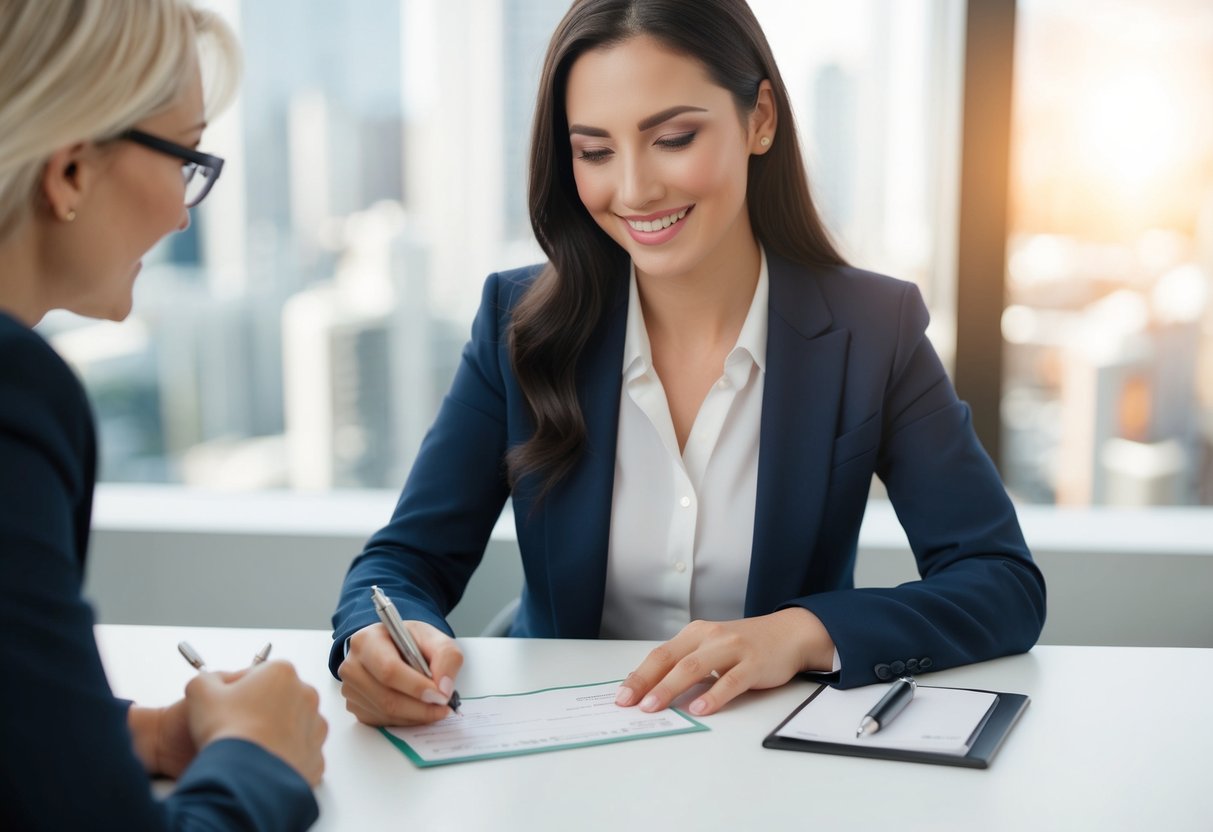 A woman writes a check and hands it to another person