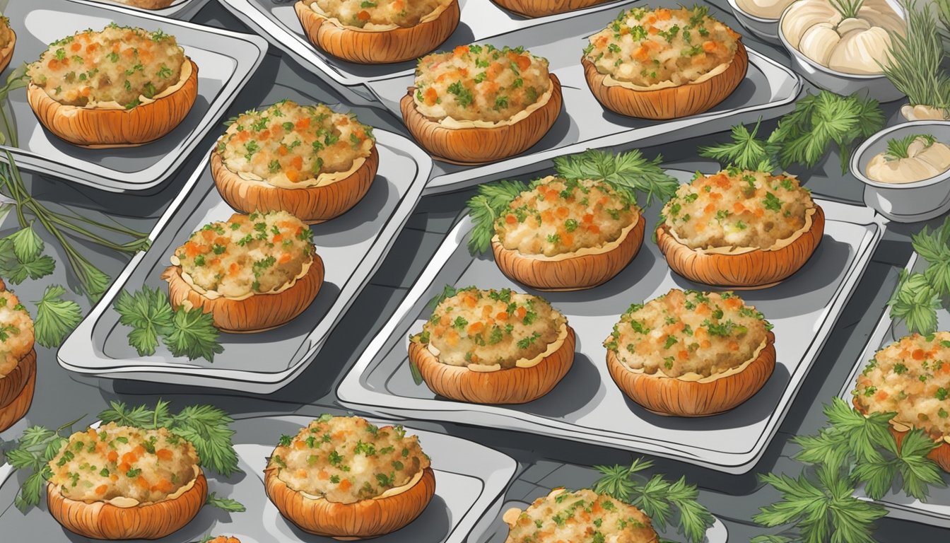 A plate of crab stuffed mushrooms being reheated in the oven, surrounded by various herbs and spices