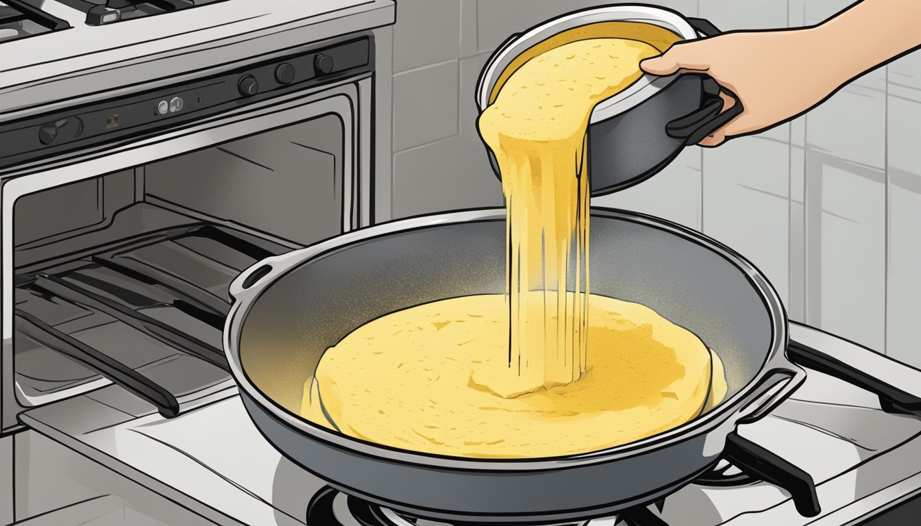 A pot of creamy polenta being stirred on a stovetop while a person adjusts the oven temperature for reheating