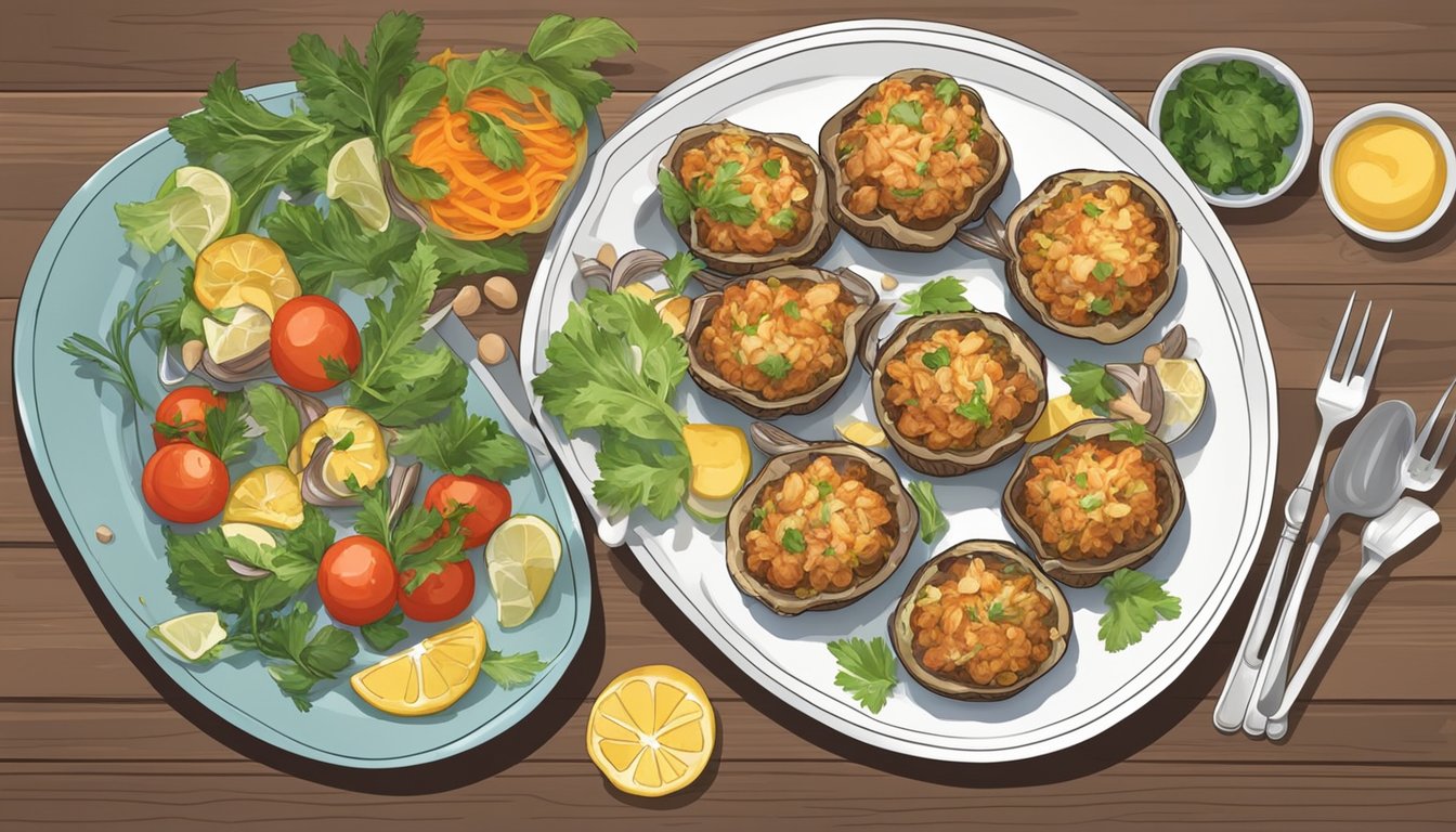 A plate of reheated crab stuffed mushrooms, arranged with colorful garnishes and surrounded by kitchen utensils