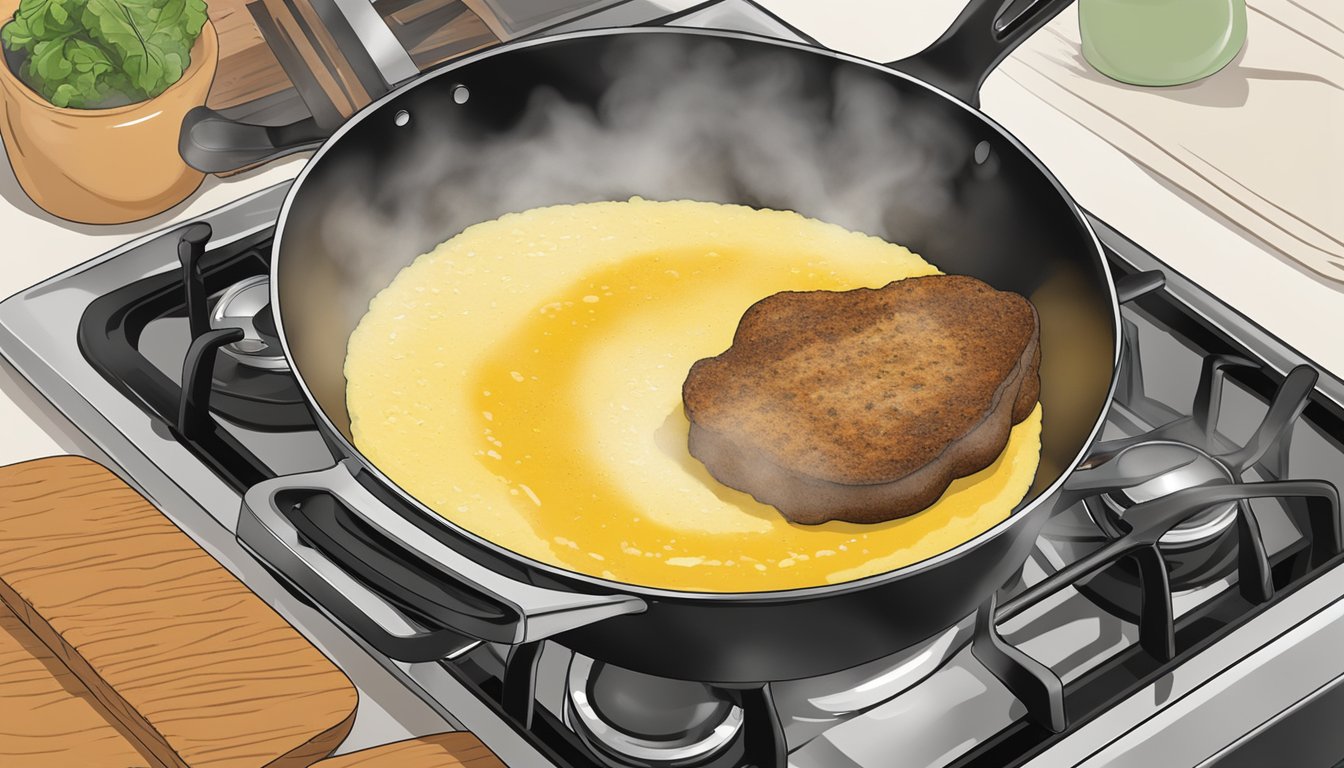 A skillet sits on a stove, with creamy polenta being scooped out onto a plate, steam rising from the hot food